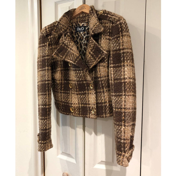 RARE Vtg Dolce & Gabbana Cropped Brown Plaid Double Breasted Chunky Tweed Jacket - Picture 8 of 12